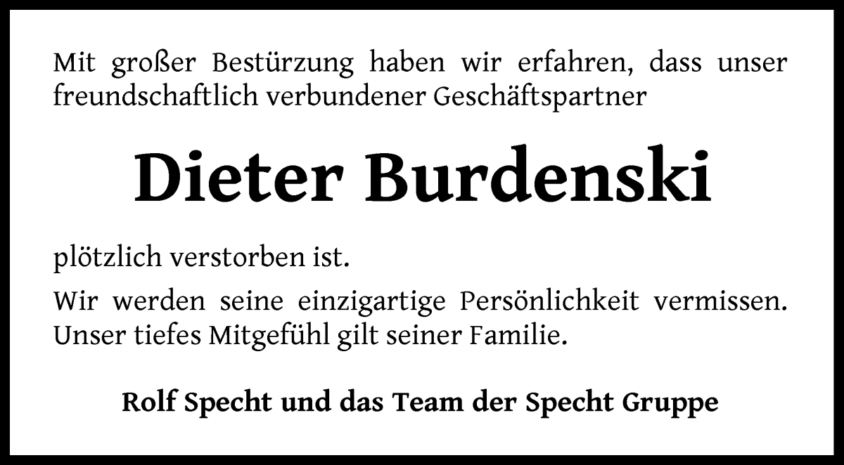 Traueranzeige von Dieter Burdenski von WESER-KURIER