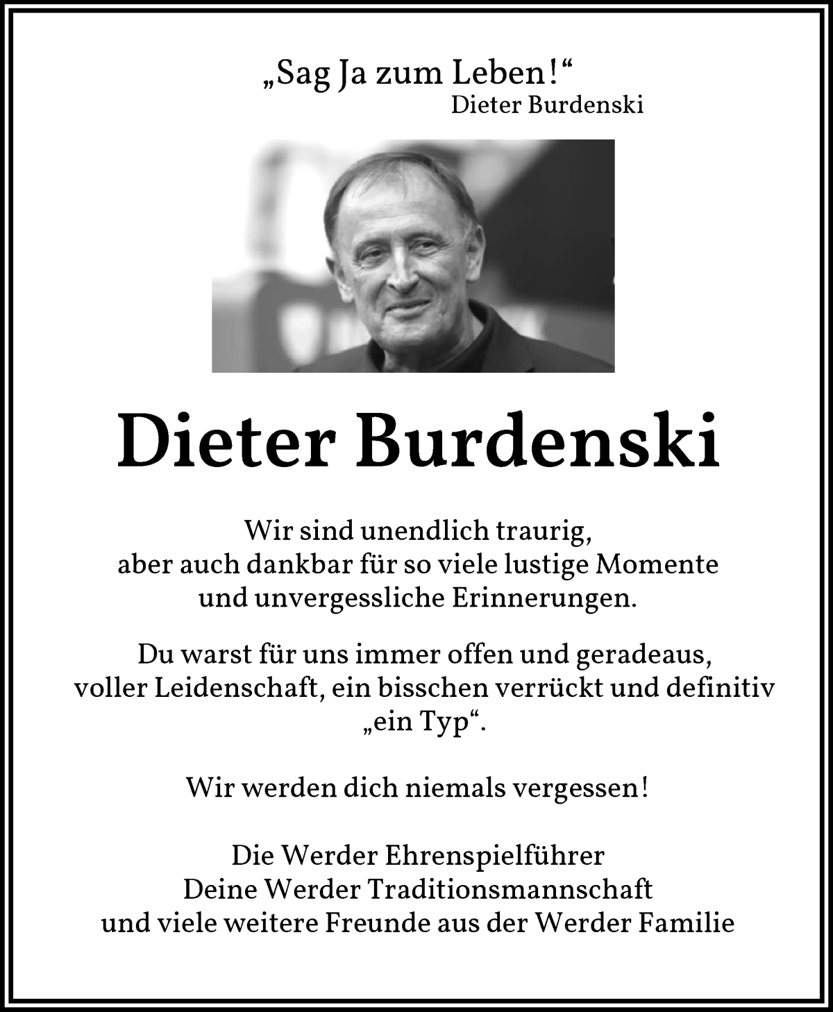 Traueranzeige von Dieter Burdenski von WESER-KURIER