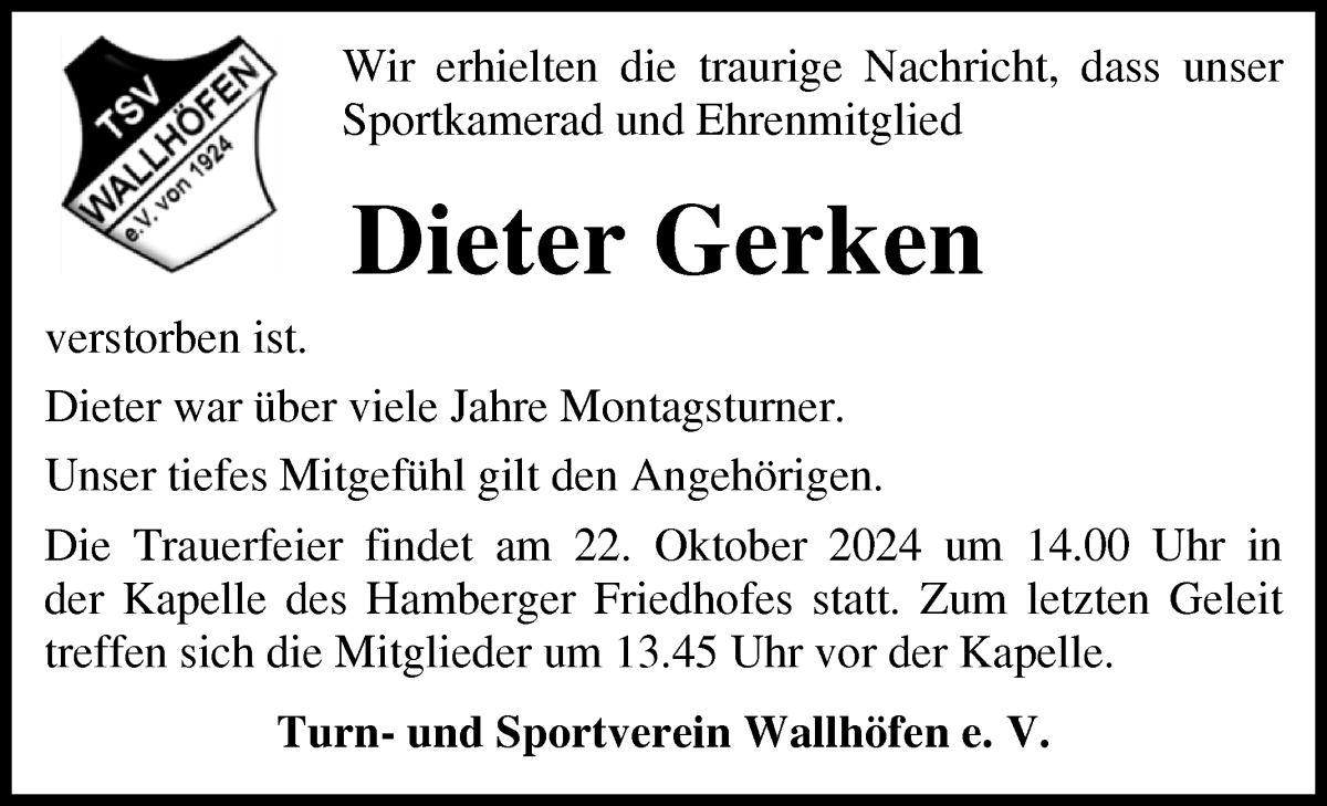 Traueranzeige von Dieter Gerken von Osterholzer Kreisblatt