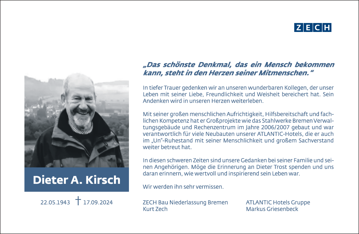 Traueranzeige von Dieter Kirsch von WESER-KURIER