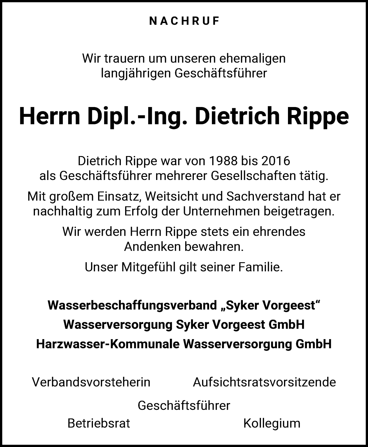 Traueranzeige von Dipl.-Ing. Dietrich Rippe von Achimer Kurier/Verdener Nachrichten