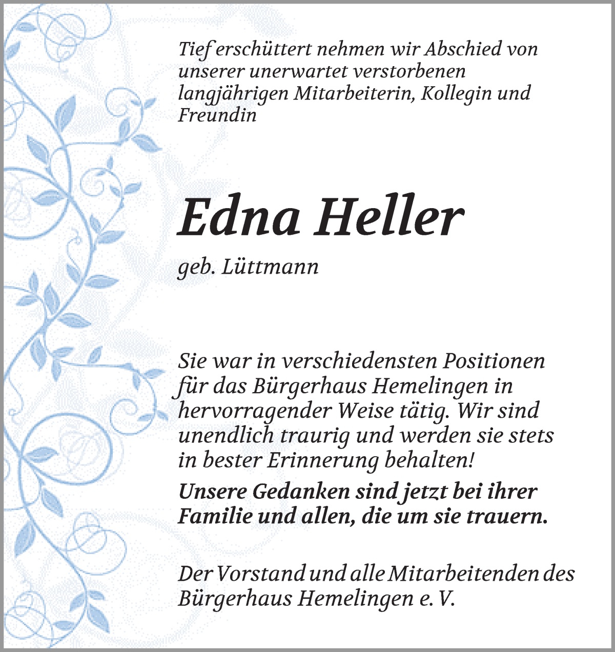 Traueranzeige von Edna Heller von WESER-KURIER