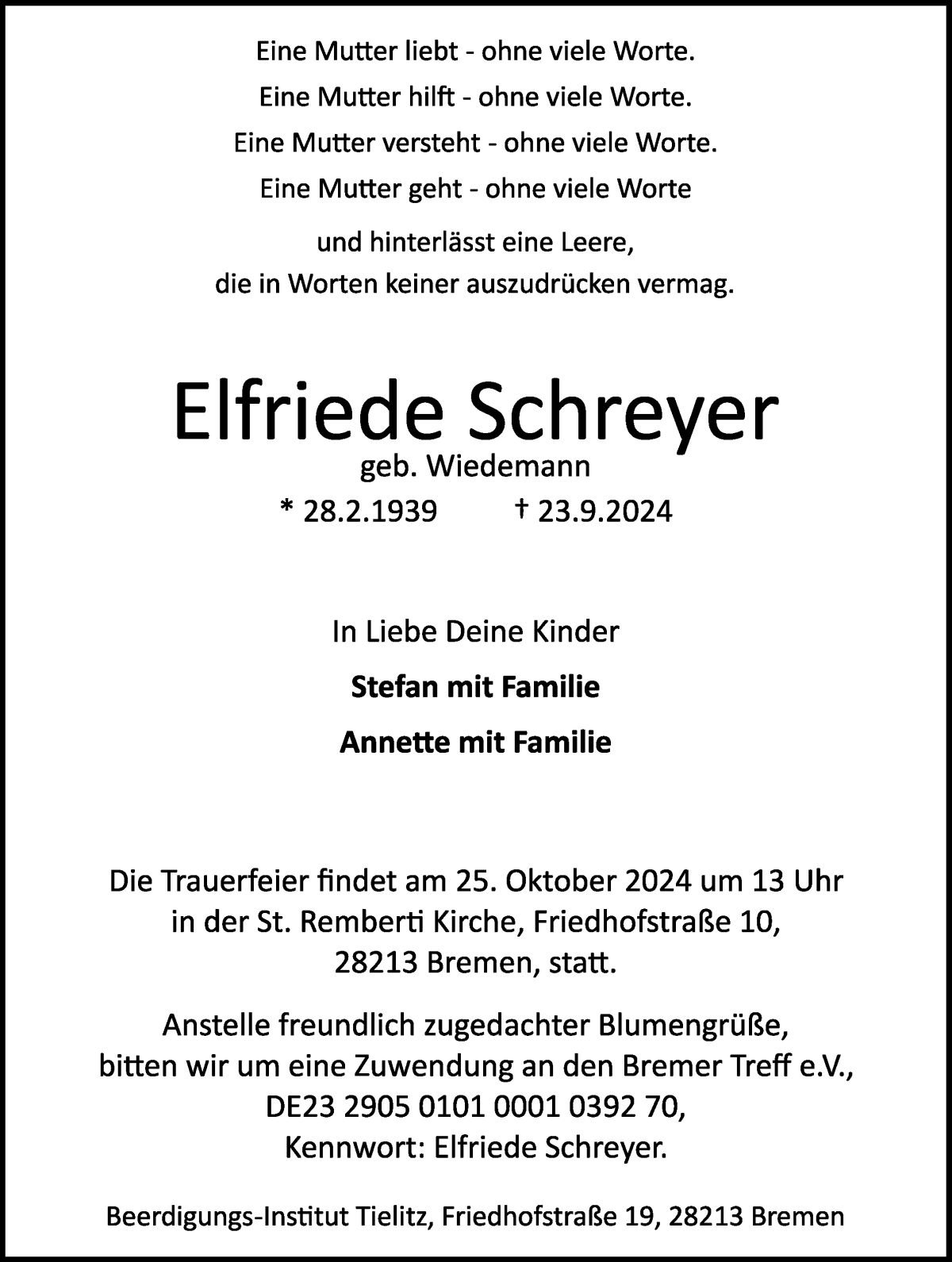 Traueranzeige von Elfriede Schreyer von WESER-KURIER