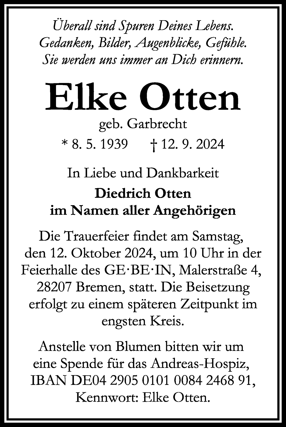 Traueranzeige von Elke Otten von WESER-KURIER