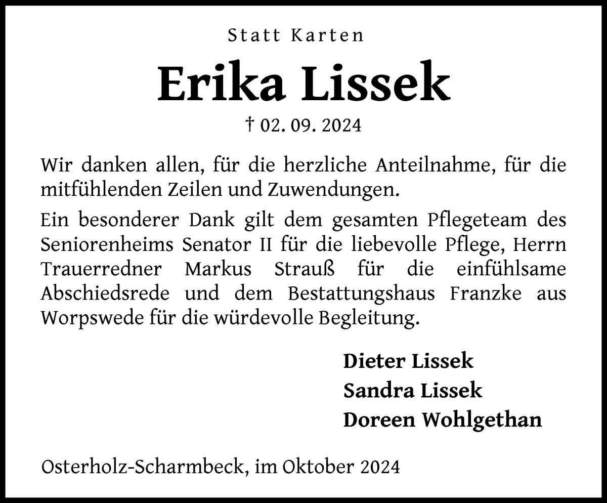 Traueranzeige von Erika Lissek von Osterholzer Kreisblatt