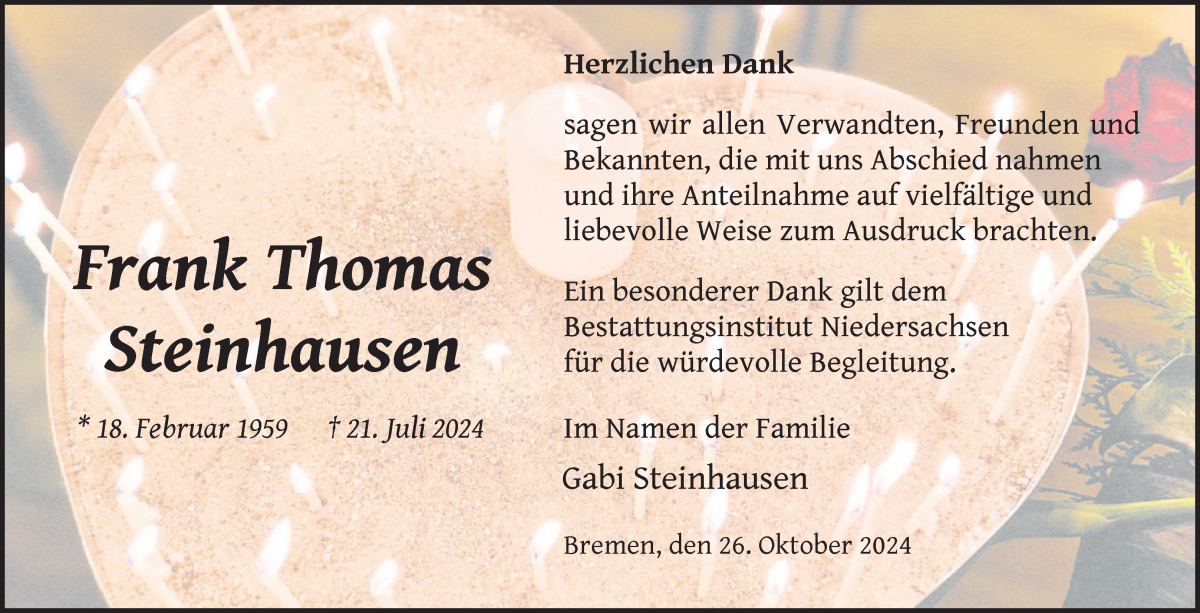 Traueranzeige von Frank Thomas Steinhausen von WESER-KURIER