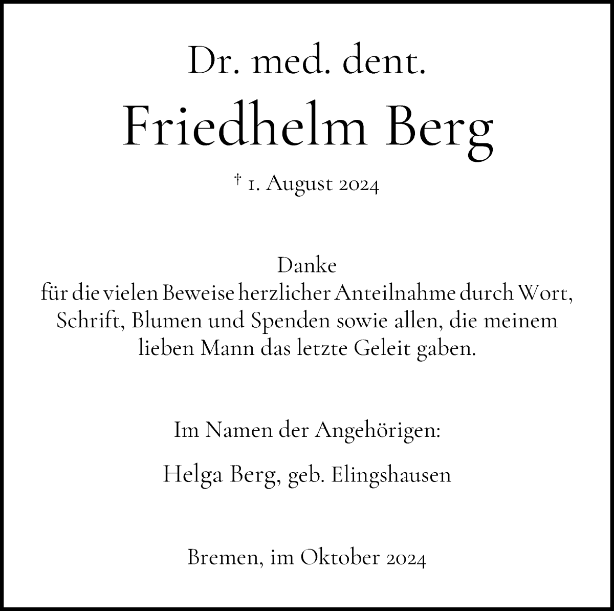 Traueranzeige von Friedhelm Berg von WESER-KURIER