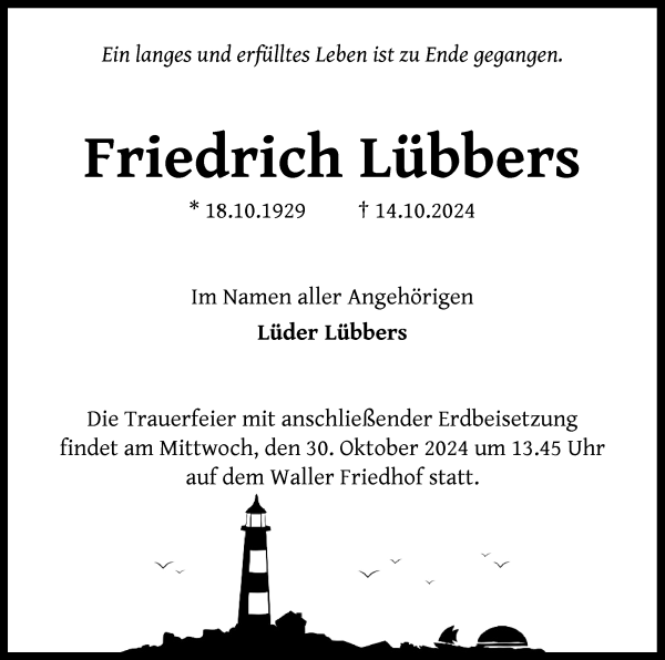 Traueranzeige von Friedrich Lübbers von WESER-KURIER