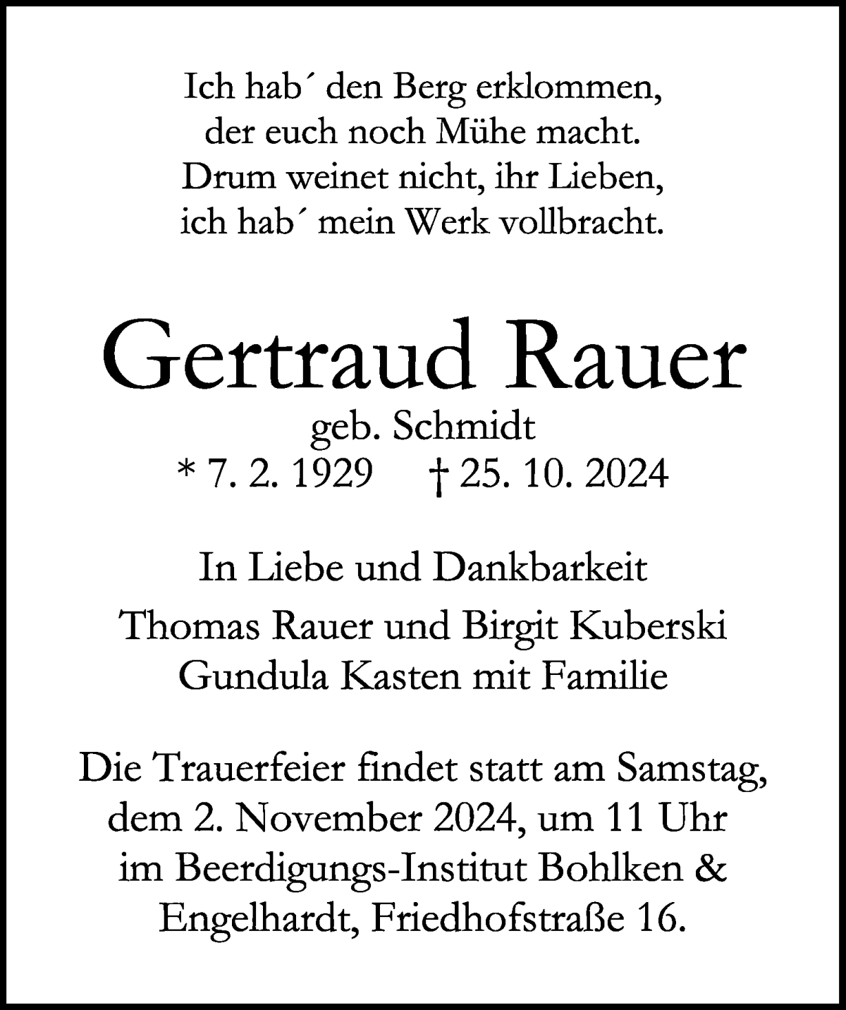 Traueranzeige von Gertraud Rauer von WESER-KURIER