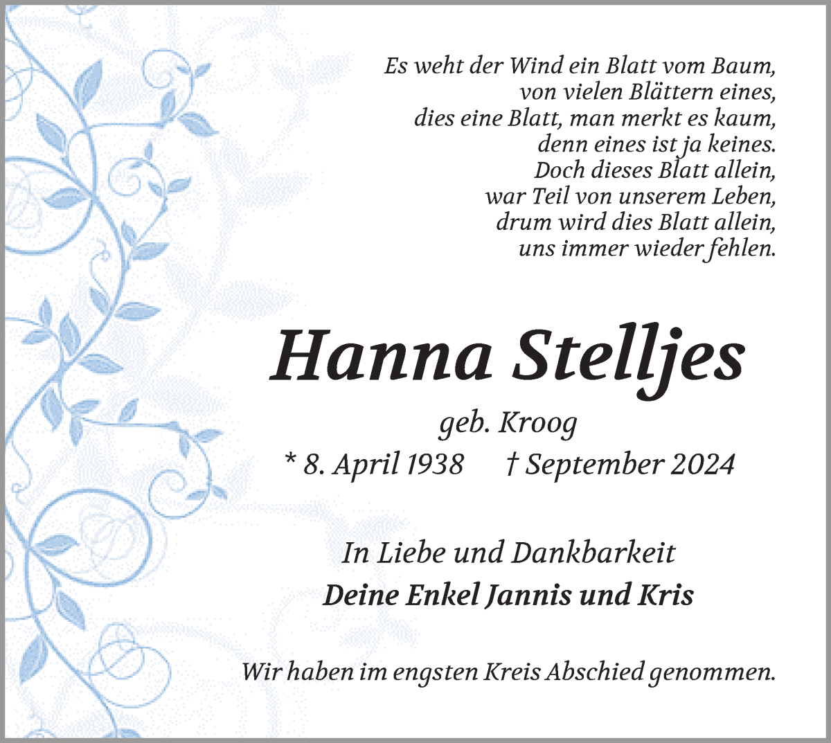 Traueranzeige von Hanna Stelljes von Osterholzer Kreisblatt
