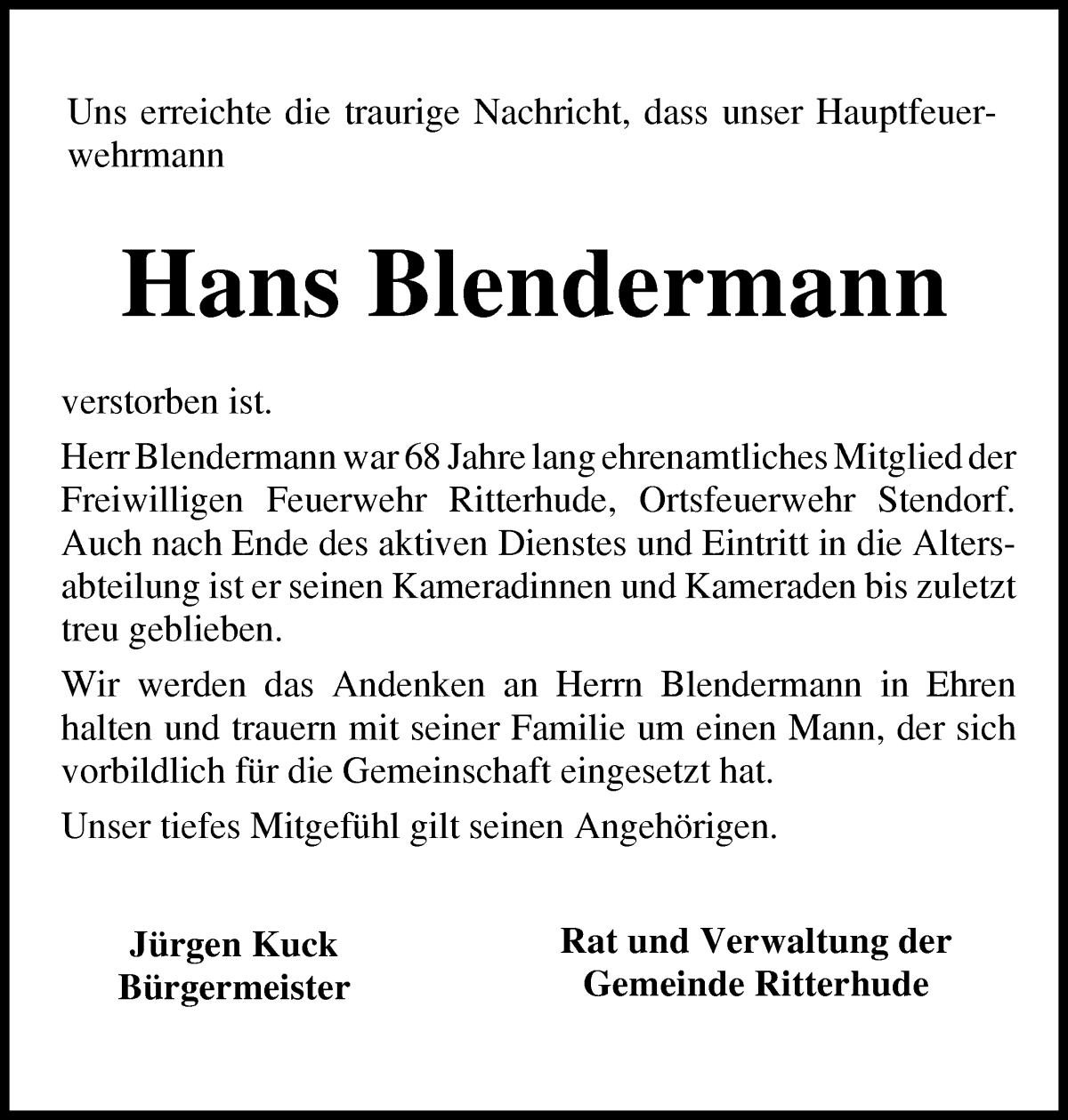 Traueranzeige von Hans Blendermann von Osterholzer Kreisblatt