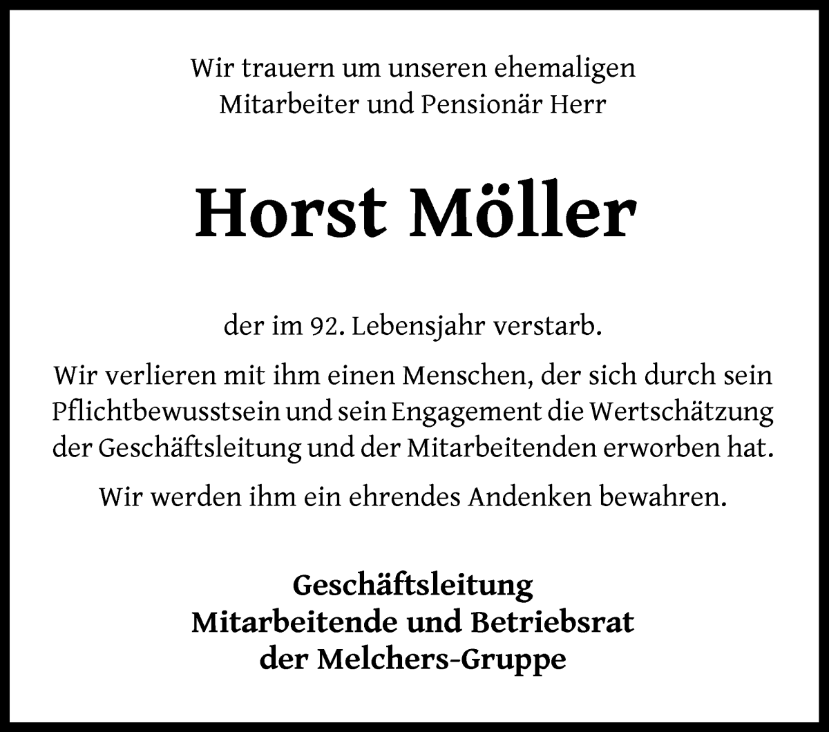 Traueranzeige von Horst Möller von WESER-KURIER