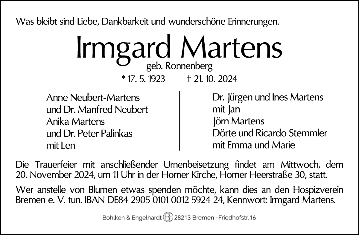 Traueranzeige von Irmgard Martens von WESER-KURIER