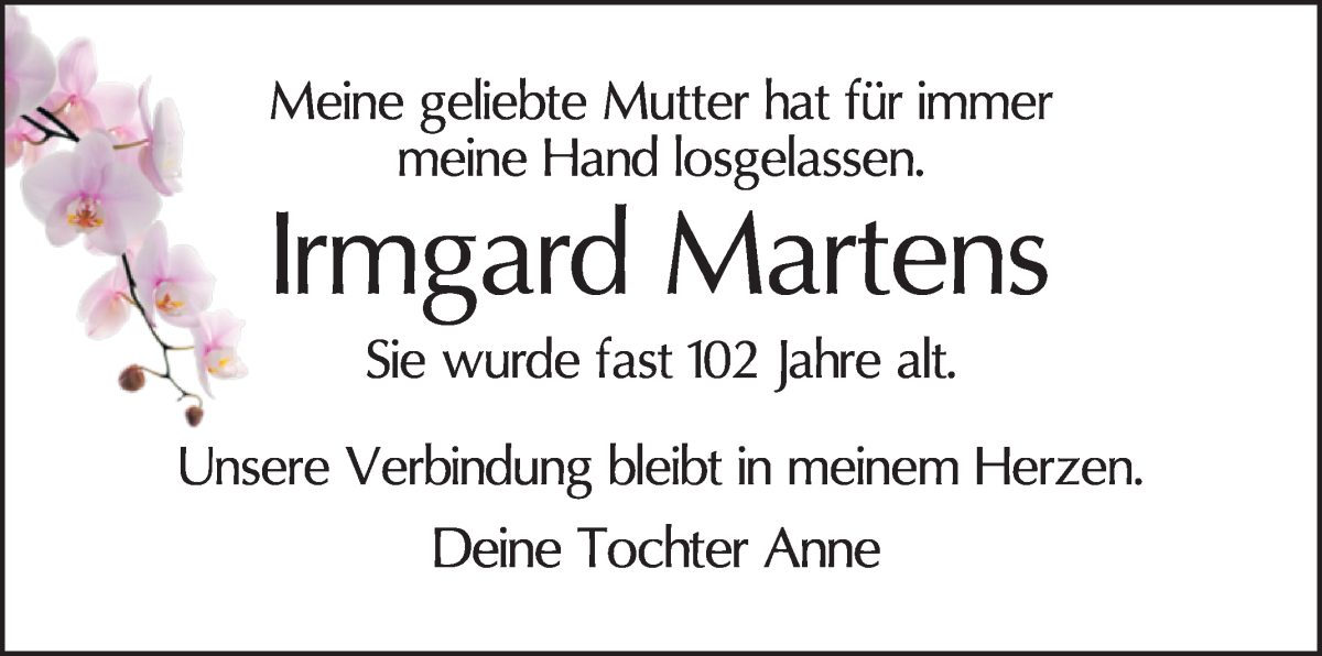 Traueranzeige von Irmgard Martens von WESER-KURIER