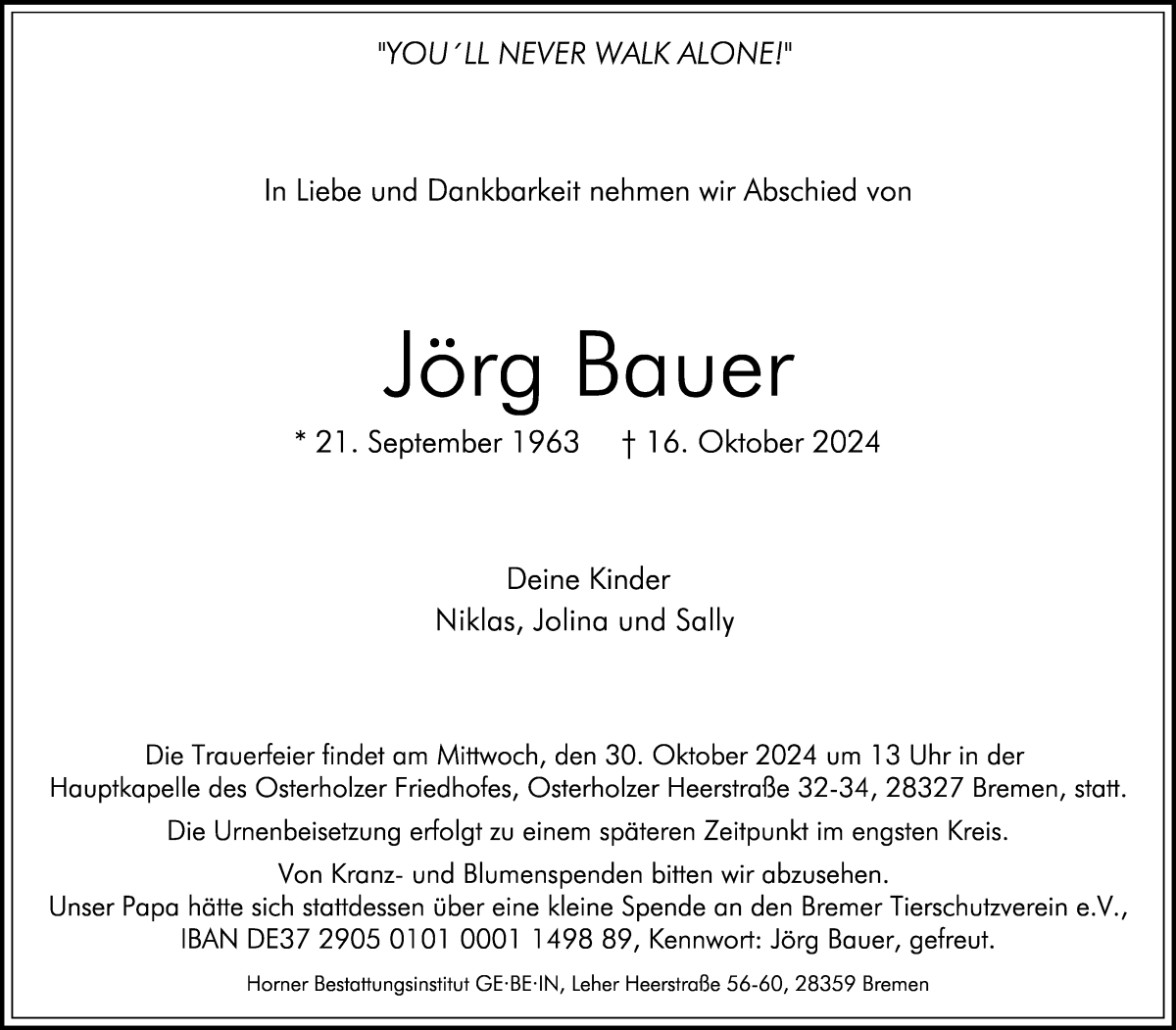 Traueranzeige von Jörg Bauer von WESER-KURIER