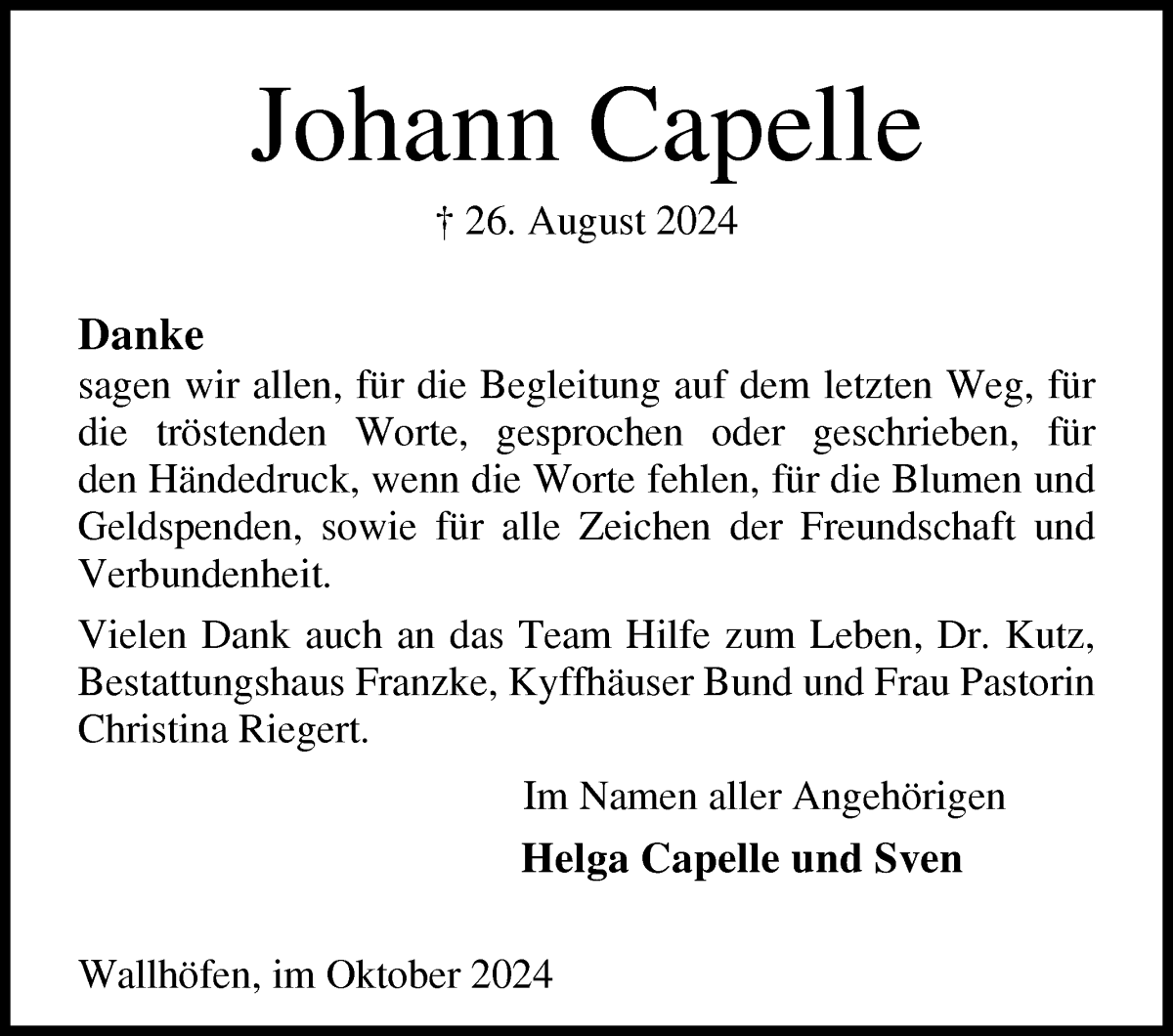 Traueranzeige von Johann Capelle von Osterholzer Kreisblatt