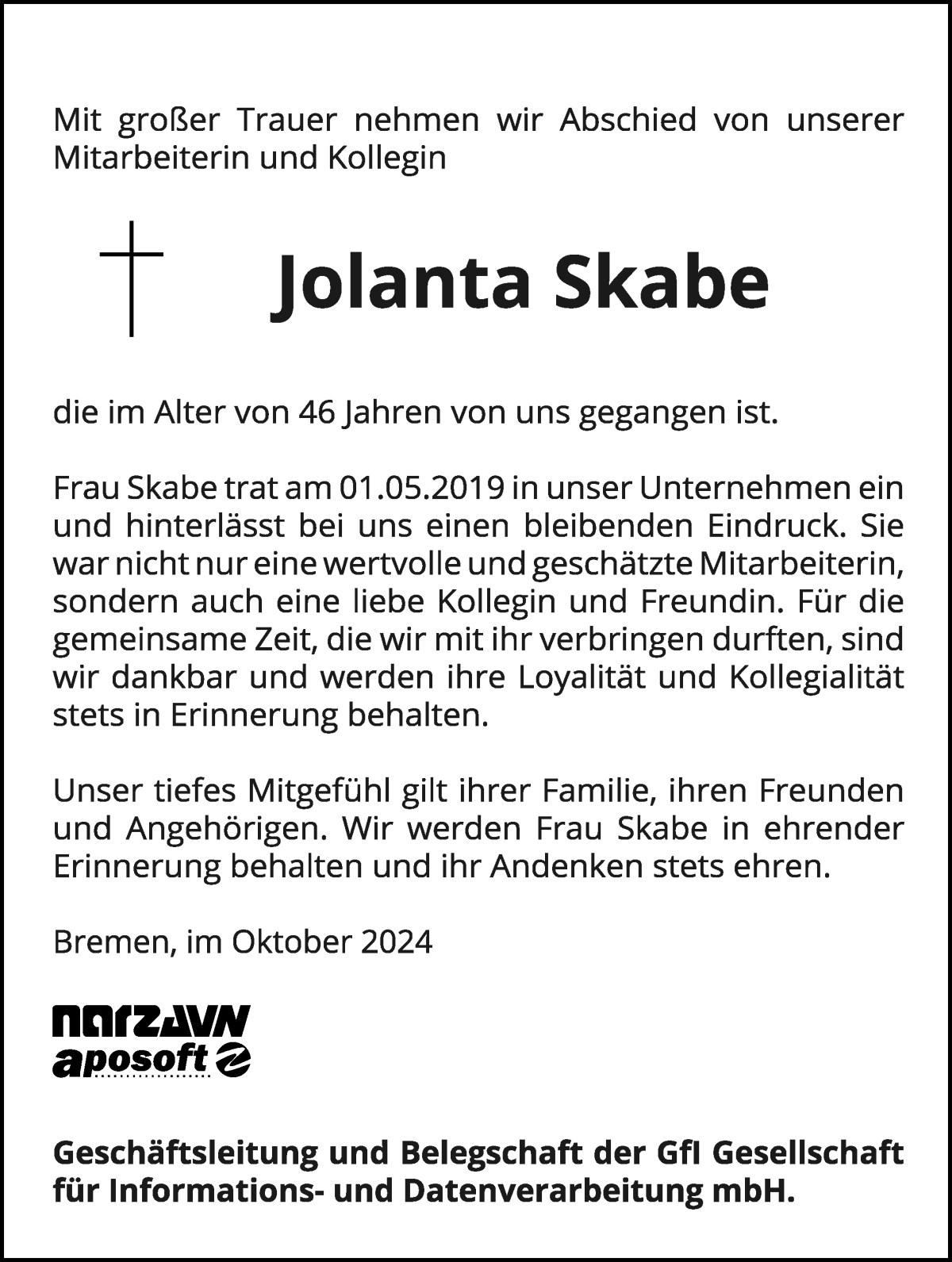 Traueranzeige von Jolanta Skabe von WESER-KURIER