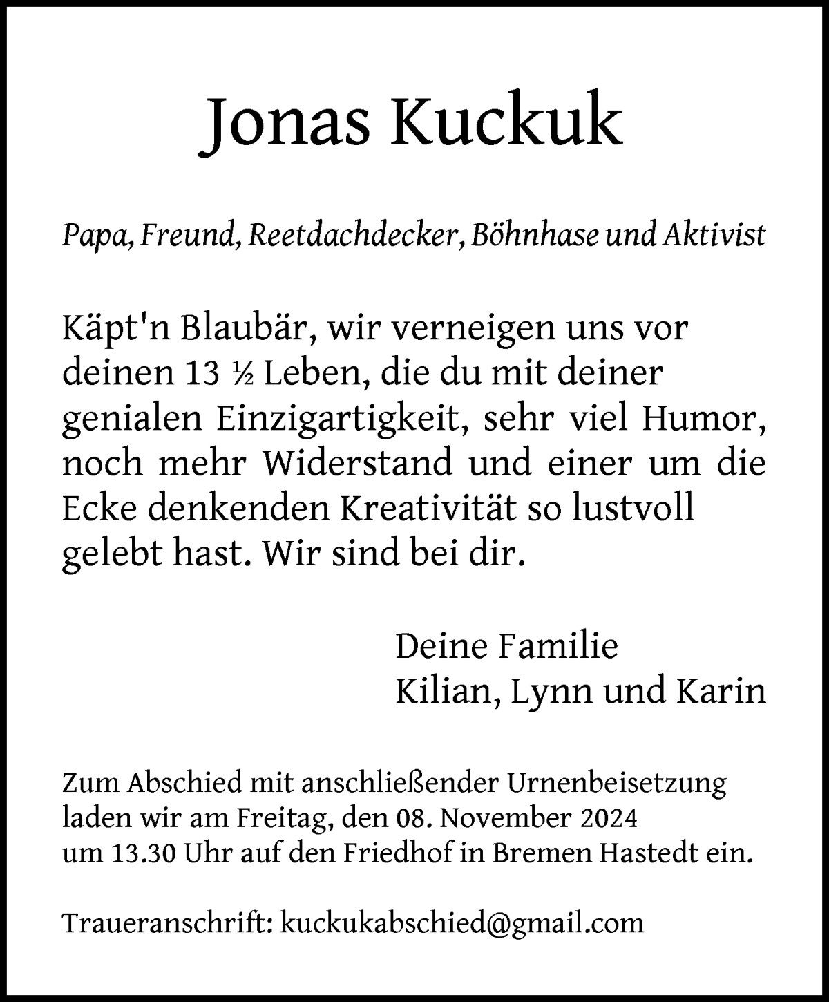 Traueranzeige von Jonas Kuckuk von WESER-KURIER