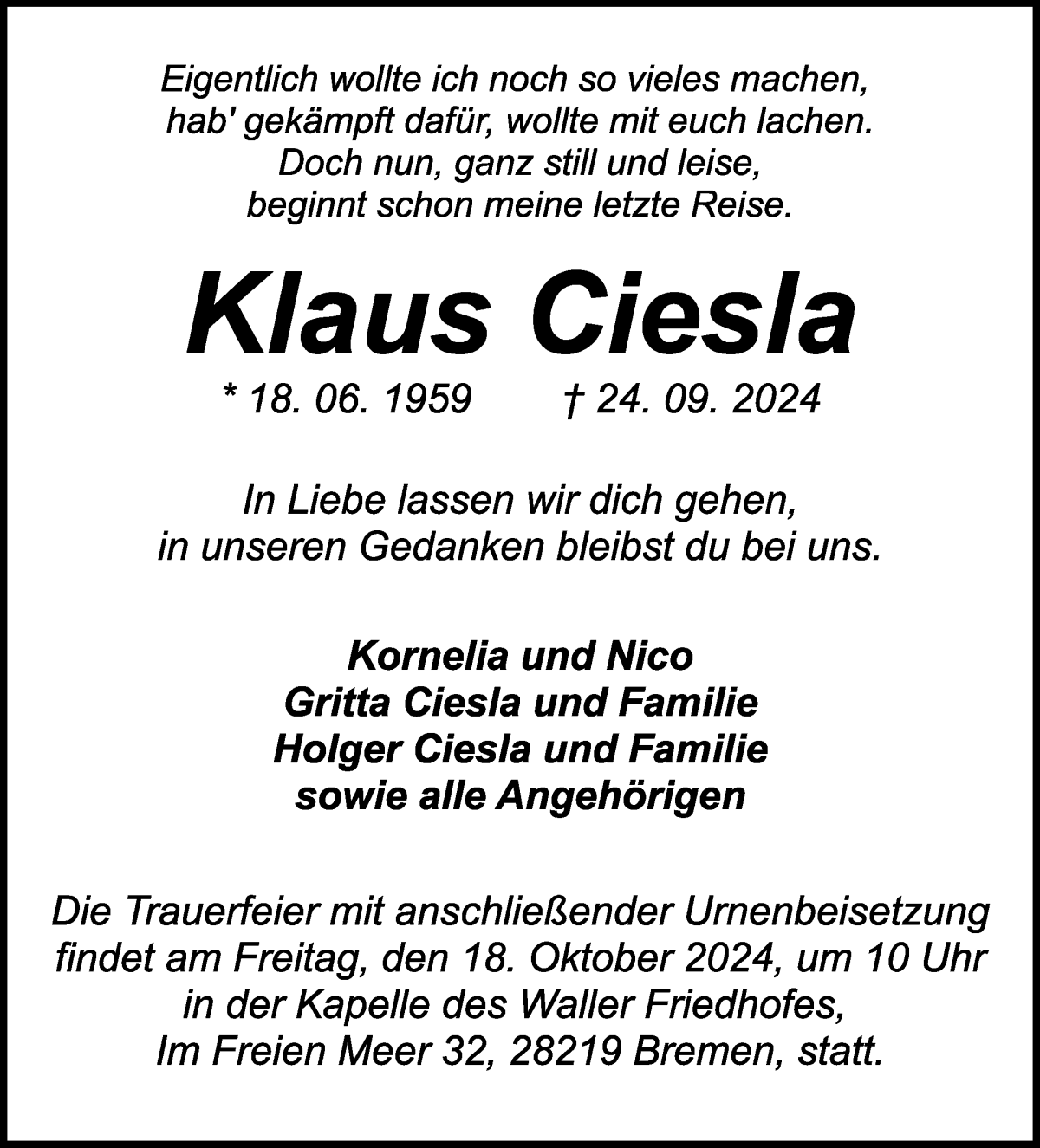 Traueranzeige von Klaus Ciesla von WESER-KURIER
