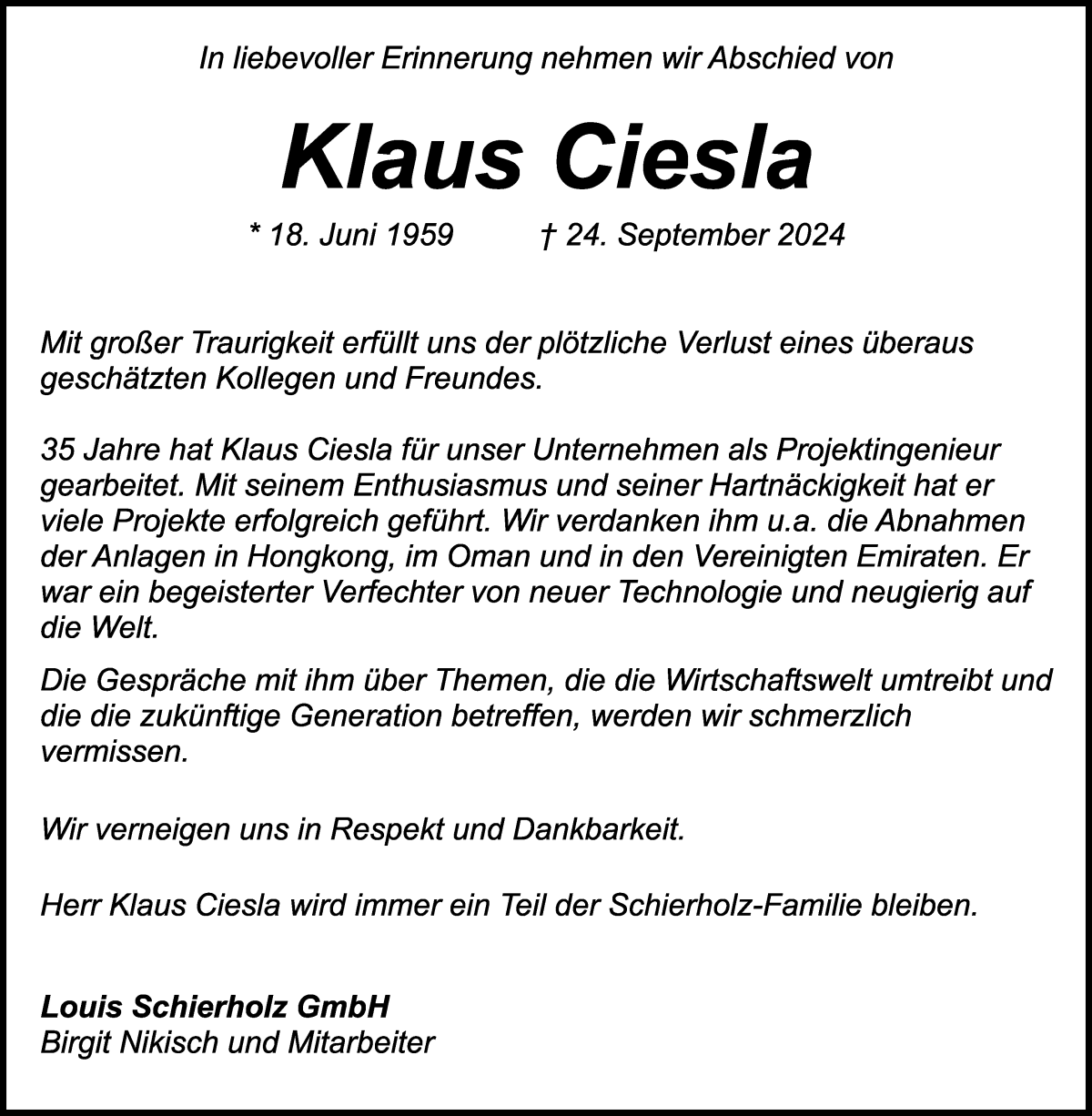Traueranzeige von Klaus Ciesla von WESER-KURIER