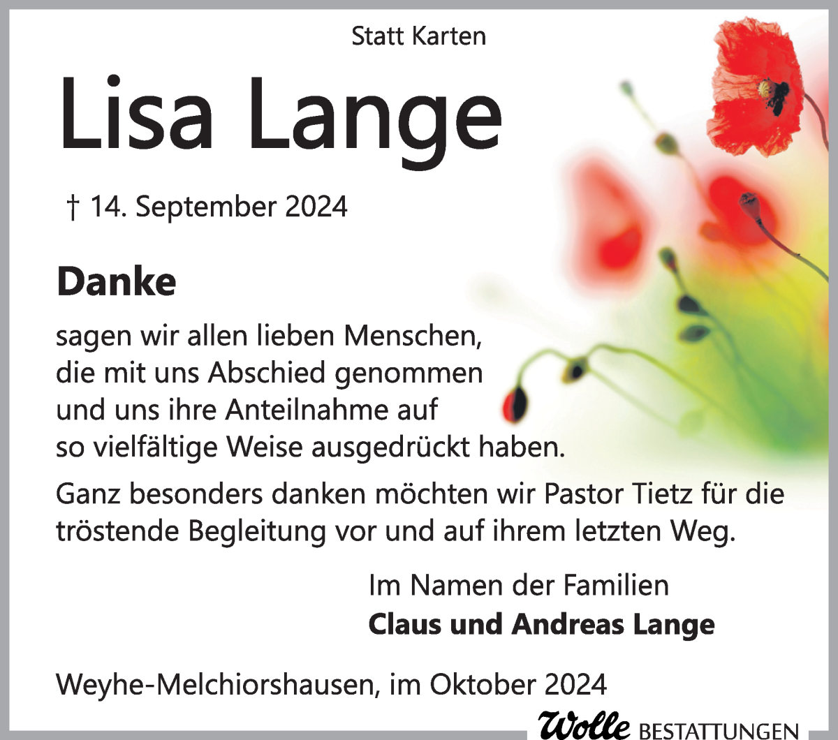 Traueranzeige von Lisa Lange von Regionale Rundschau/Syker Kurier
