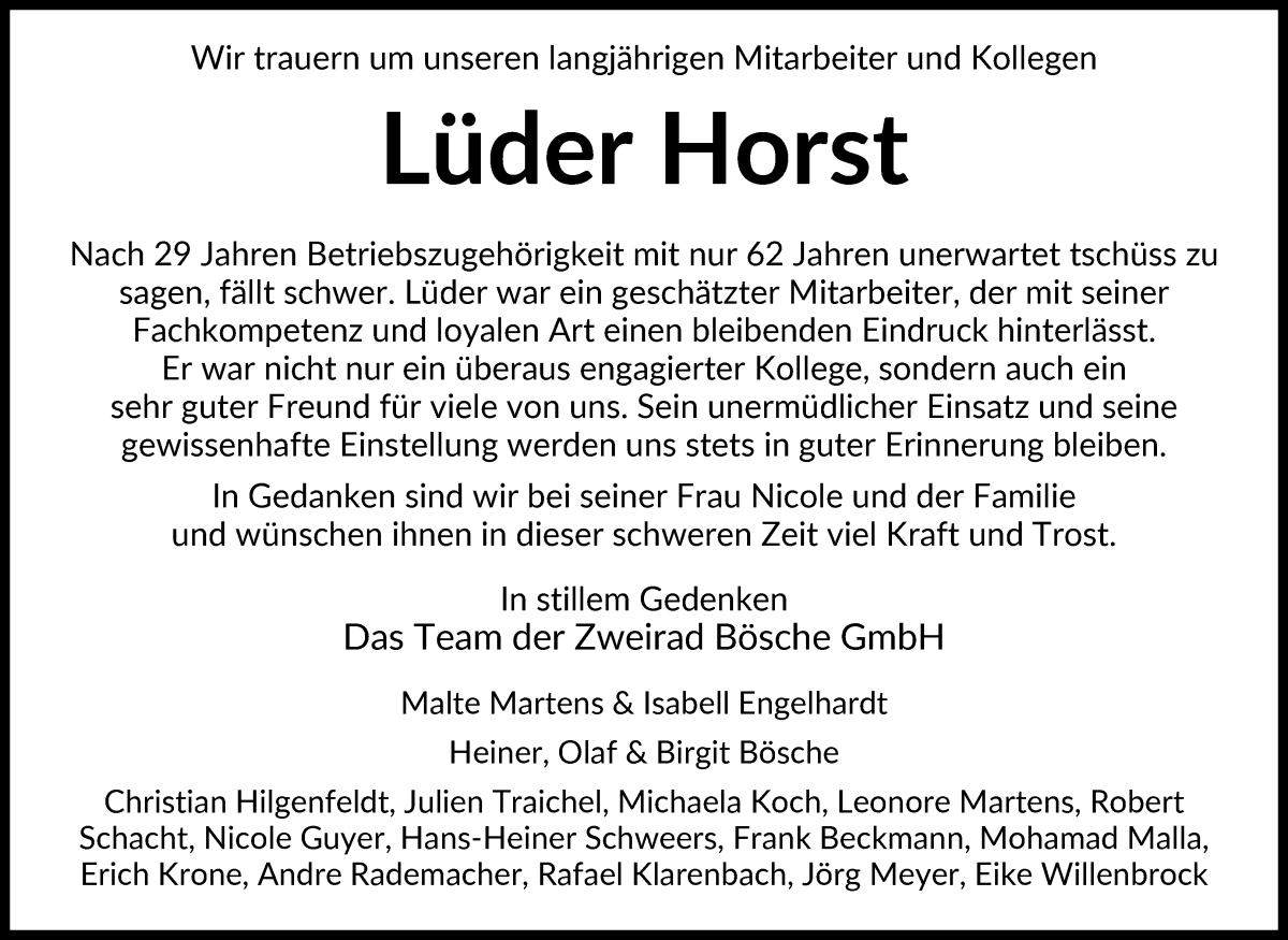 Traueranzeige von Lüder Horst von Regionale Rundschau/Syker Kurier