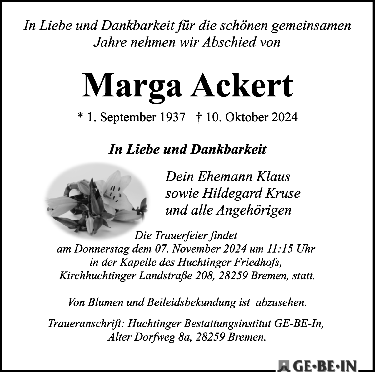 Traueranzeige von Marga Ackert von WESER-KURIER