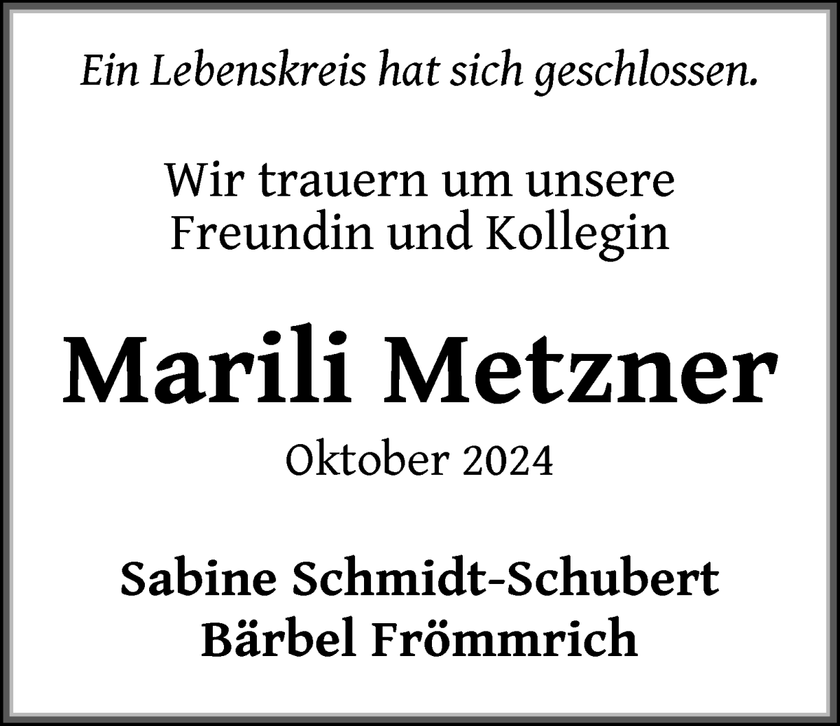 Traueranzeige von Marili Metzner von WESER-KURIER