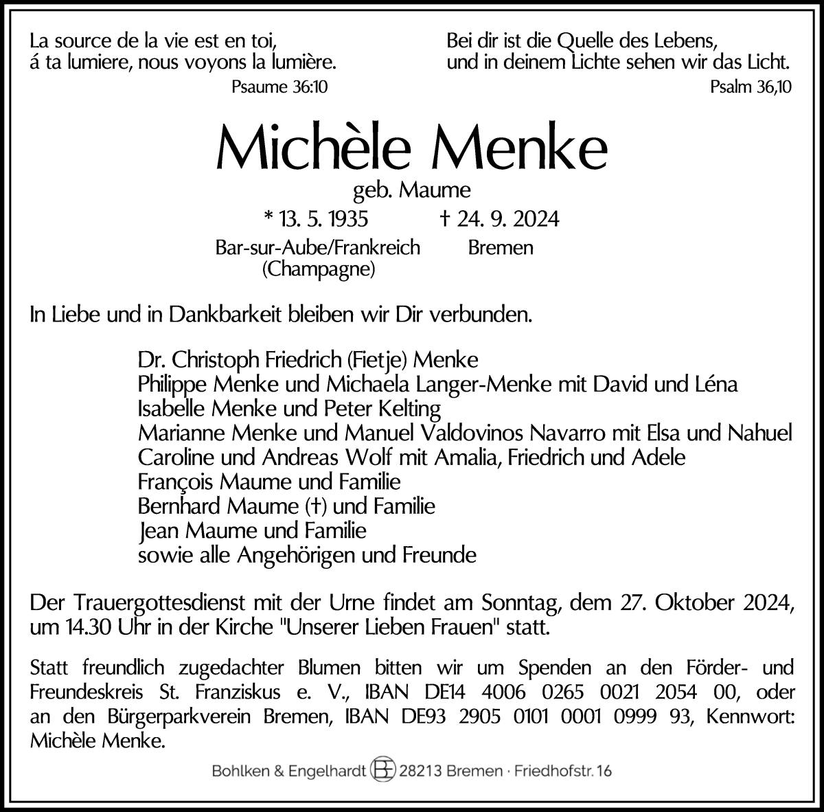 Traueranzeige von Michele Menke von WESER-KURIER