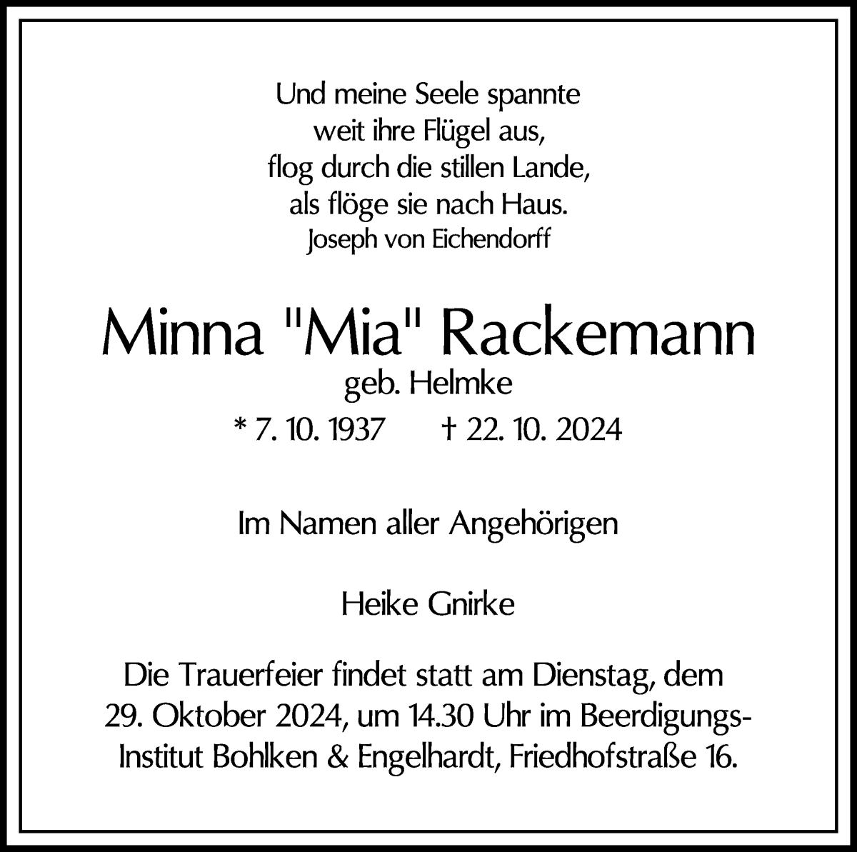 Traueranzeige von Minna Rackemann von WESER-KURIER