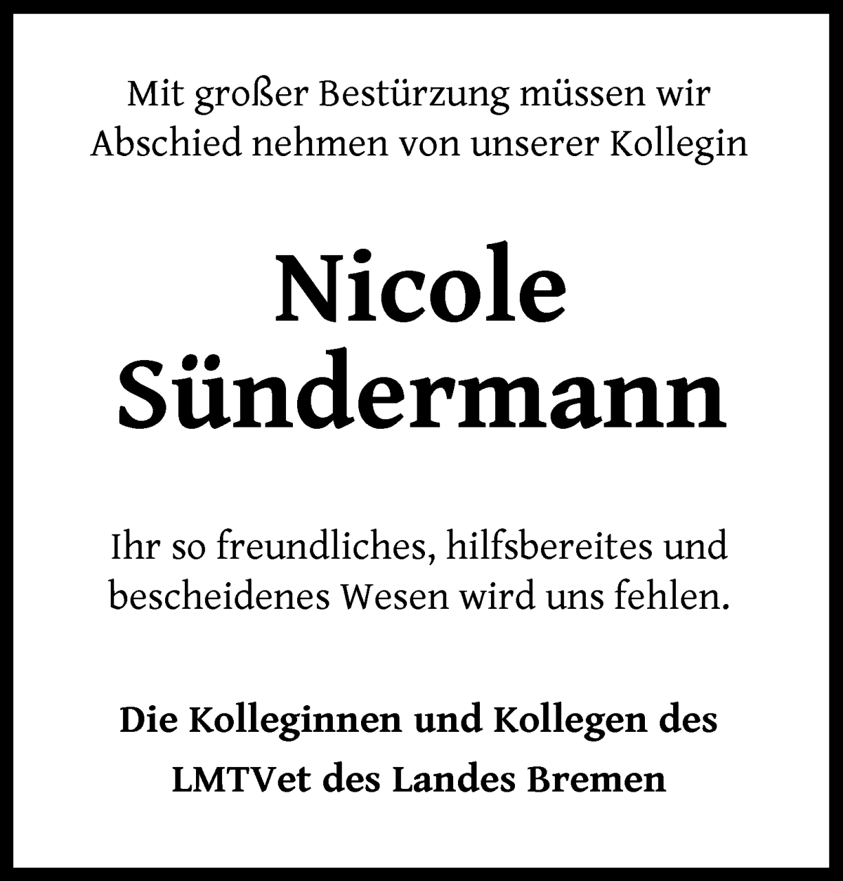 Traueranzeige von Nicole Sündermann von WESER-KURIER