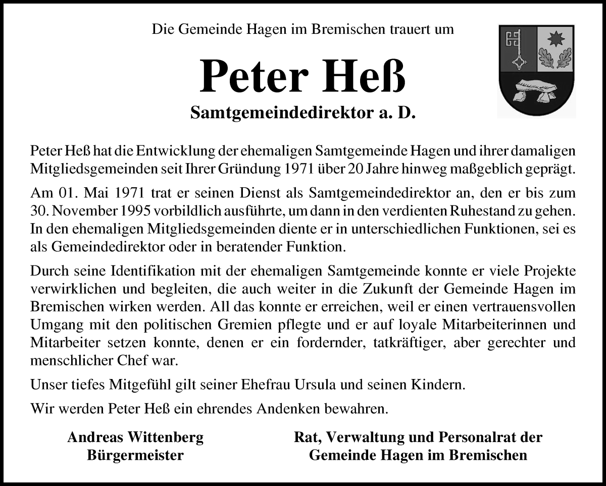 Traueranzeige von Peter Heß von Osterholzer Kreisblatt