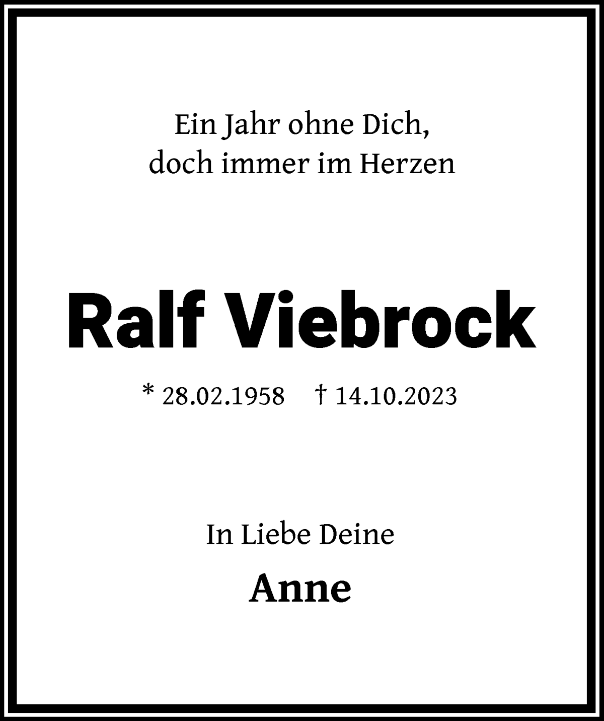 Traueranzeige von Ralf Viebrock von Wuemme Zeitung