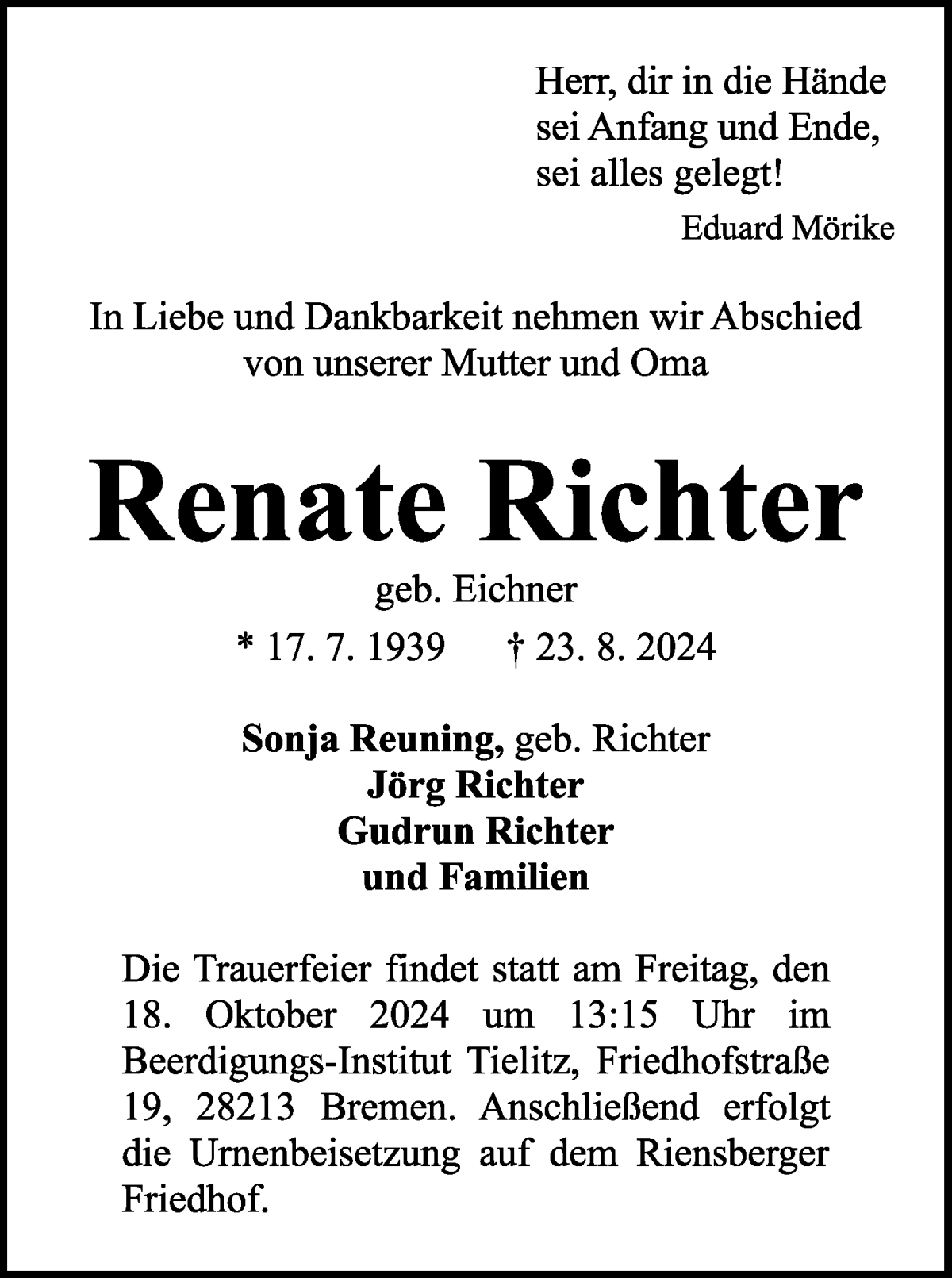 Traueranzeige von Renate Richter von WESER-KURIER