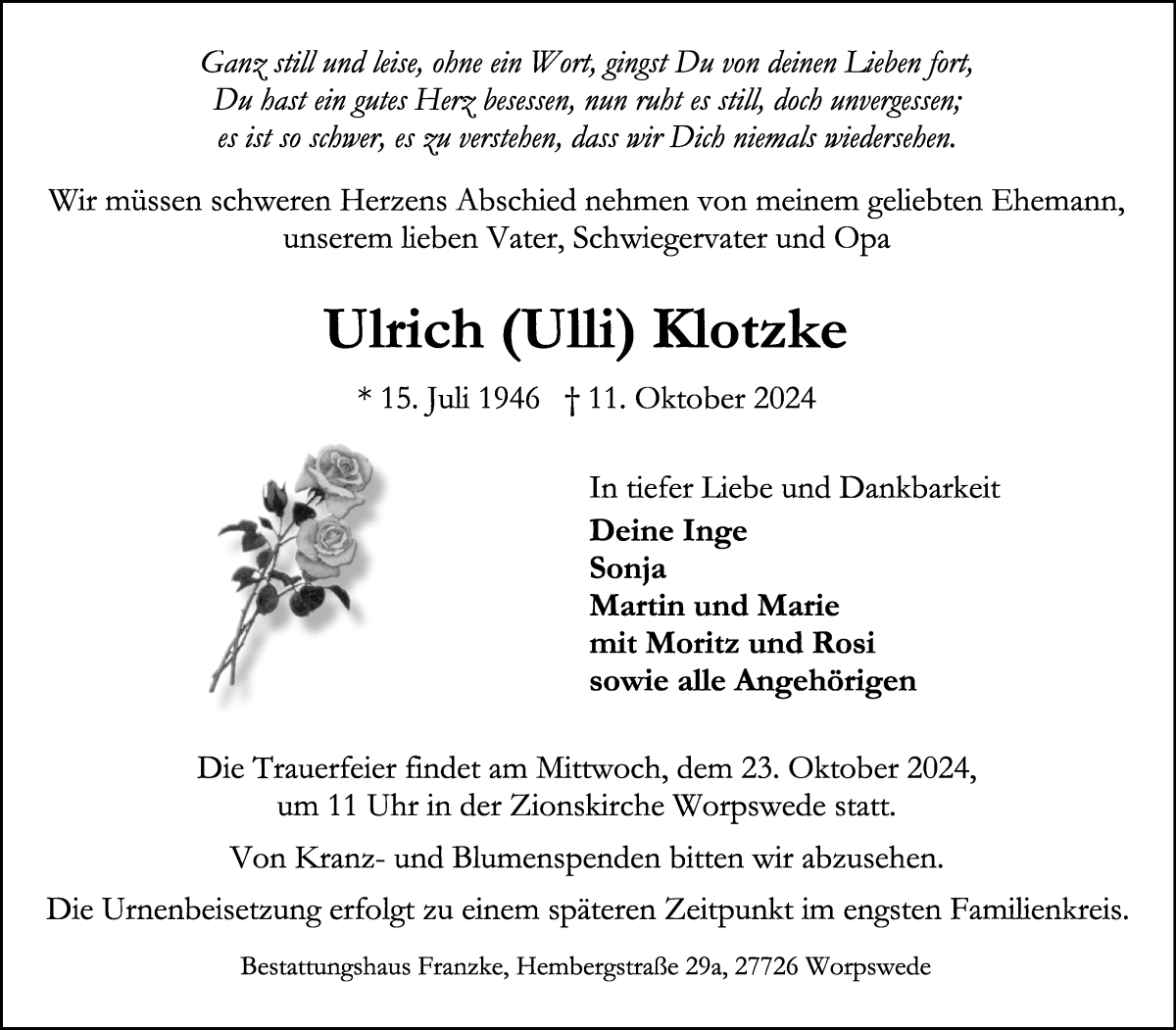 Traueranzeige von Ulrich Klotzke von Wuemme Zeitung