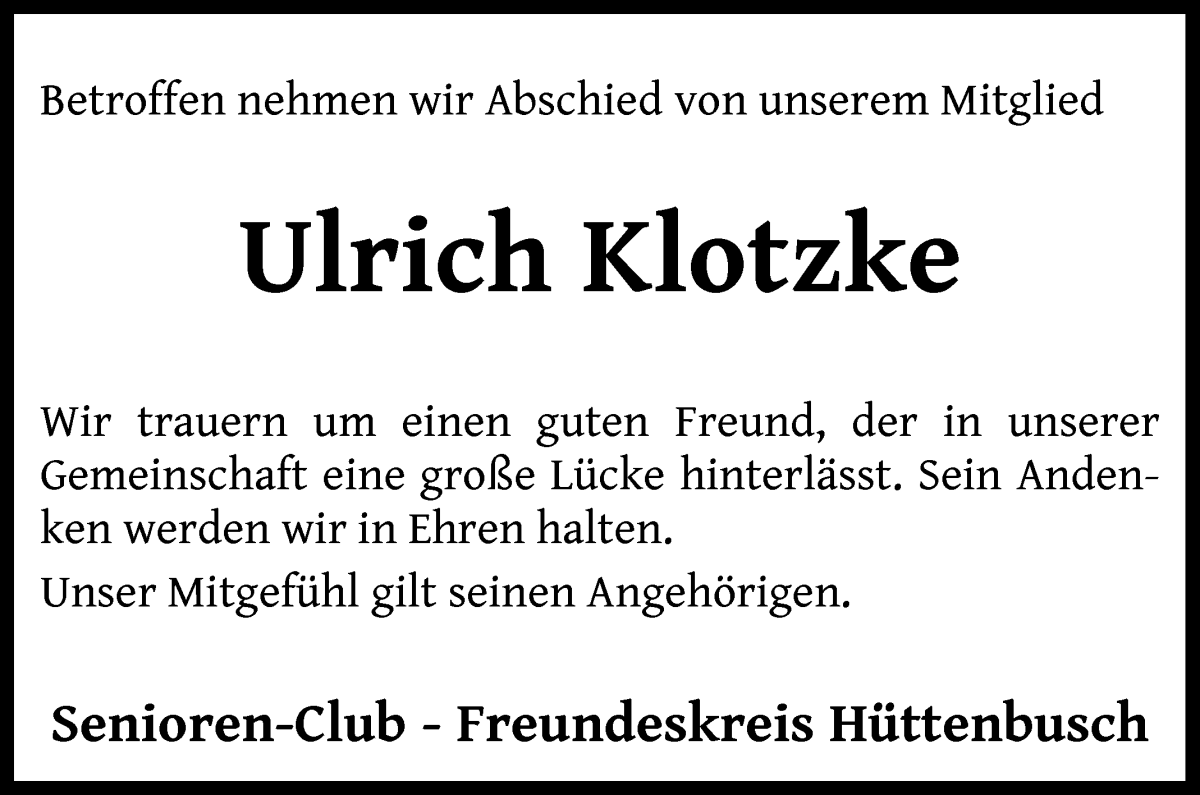 Traueranzeige von Ulrich Klotzke von Wuemme Zeitung