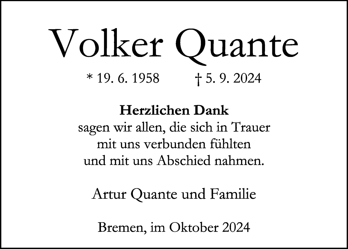Traueranzeige von Volker Quante von WESER-KURIER