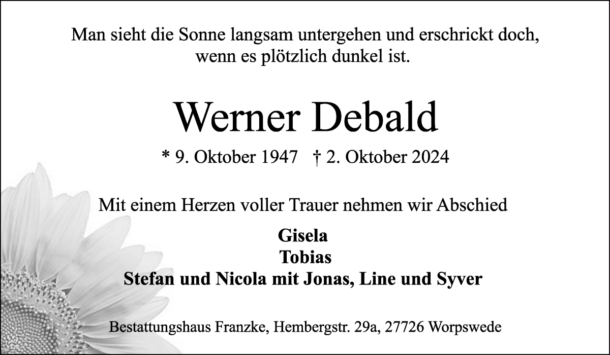 Traueranzeige von Werner Debald von Osterholzer Kreisblatt