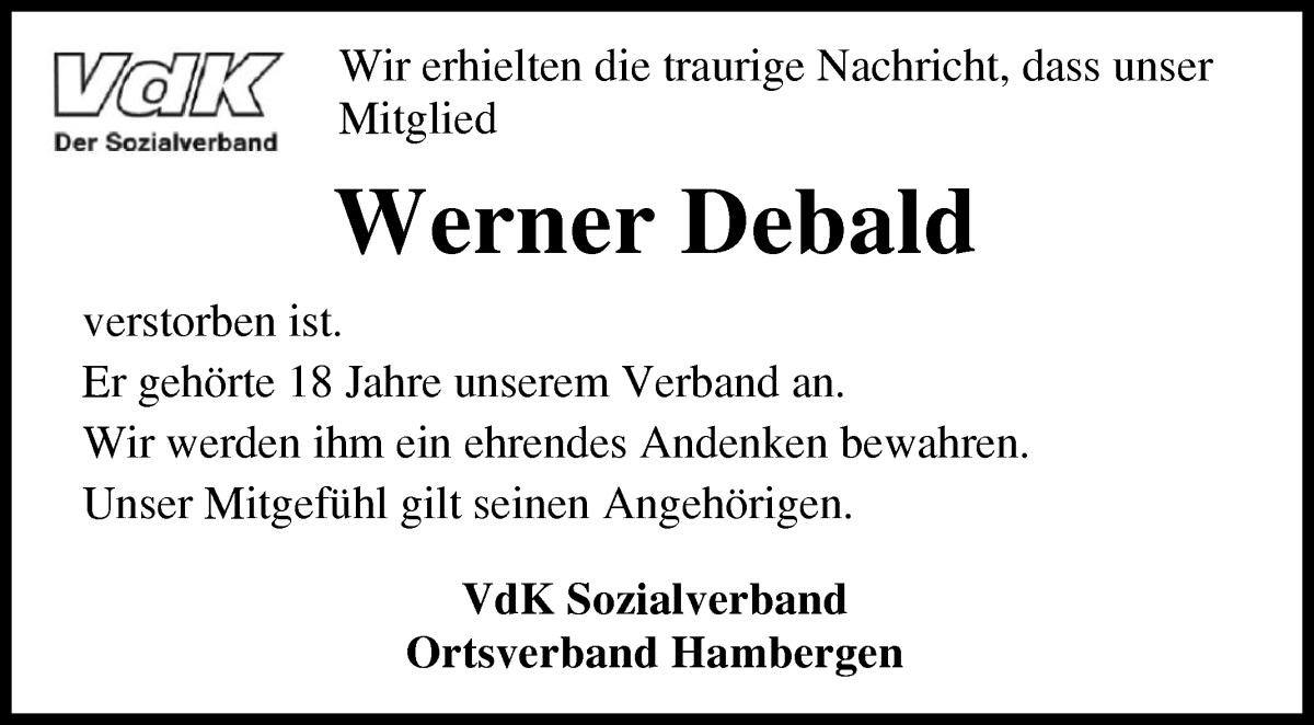 Traueranzeige von Werner Debald von Osterholzer Kreisblatt