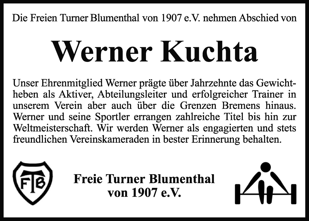 Traueranzeige von Werner Kuchta von Die Norddeutsche