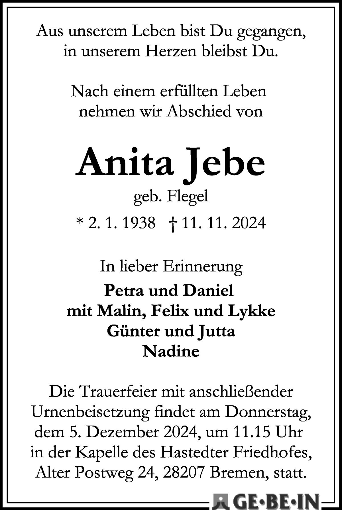 Traueranzeige von Anita Jebe von WESER-KURIER