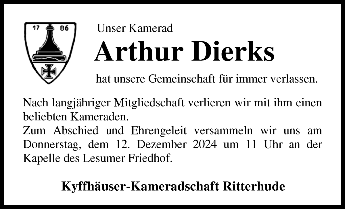 Traueranzeige von Arthur Dierks von Osterholzer Kreisblatt