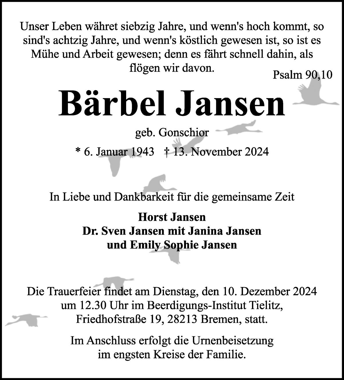 Traueranzeige von Bärbel Jansen von WESER-KURIER