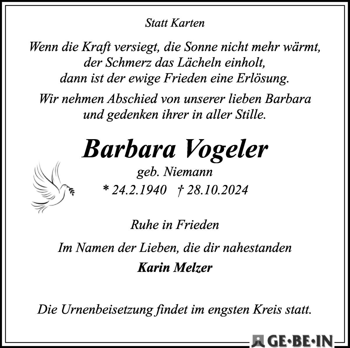 Traueranzeige von Barbara Vogeler von WESER-KURIER