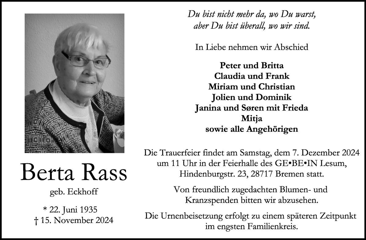 Traueranzeige von Berta Rass von Die Norddeutsche