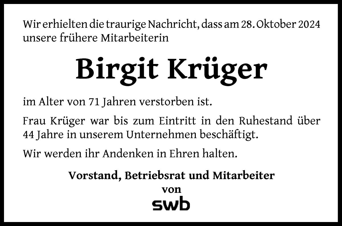 Traueranzeige von Birgit Krüger von WESER-KURIER