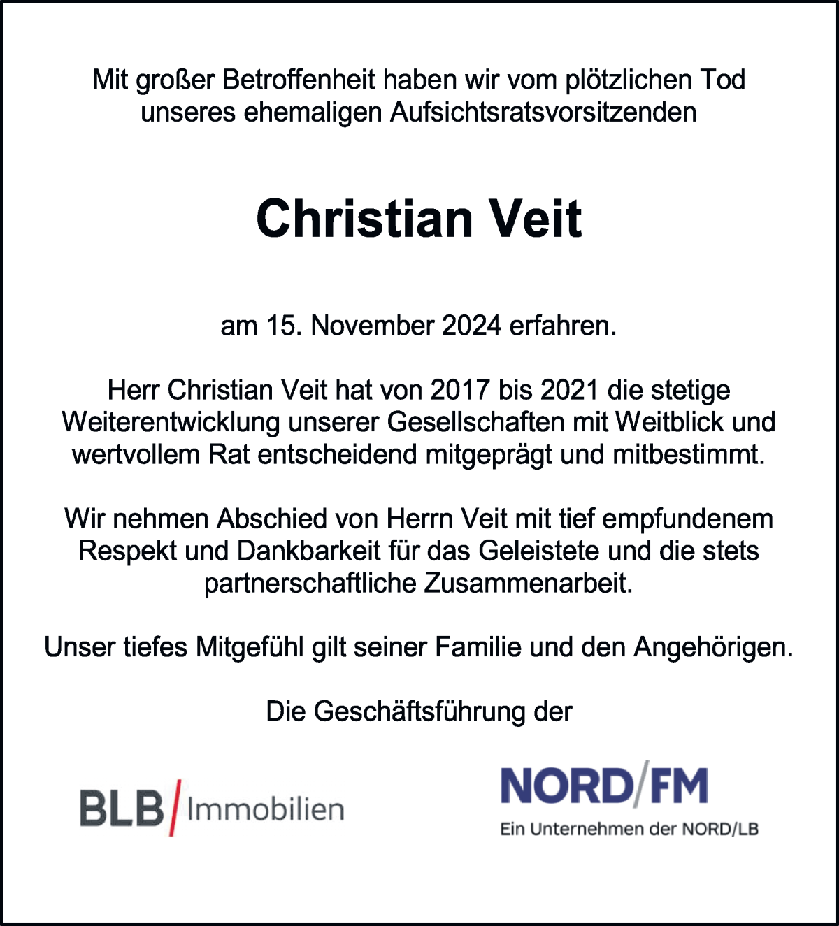 Traueranzeige von Christian Veit von WESER-KURIER