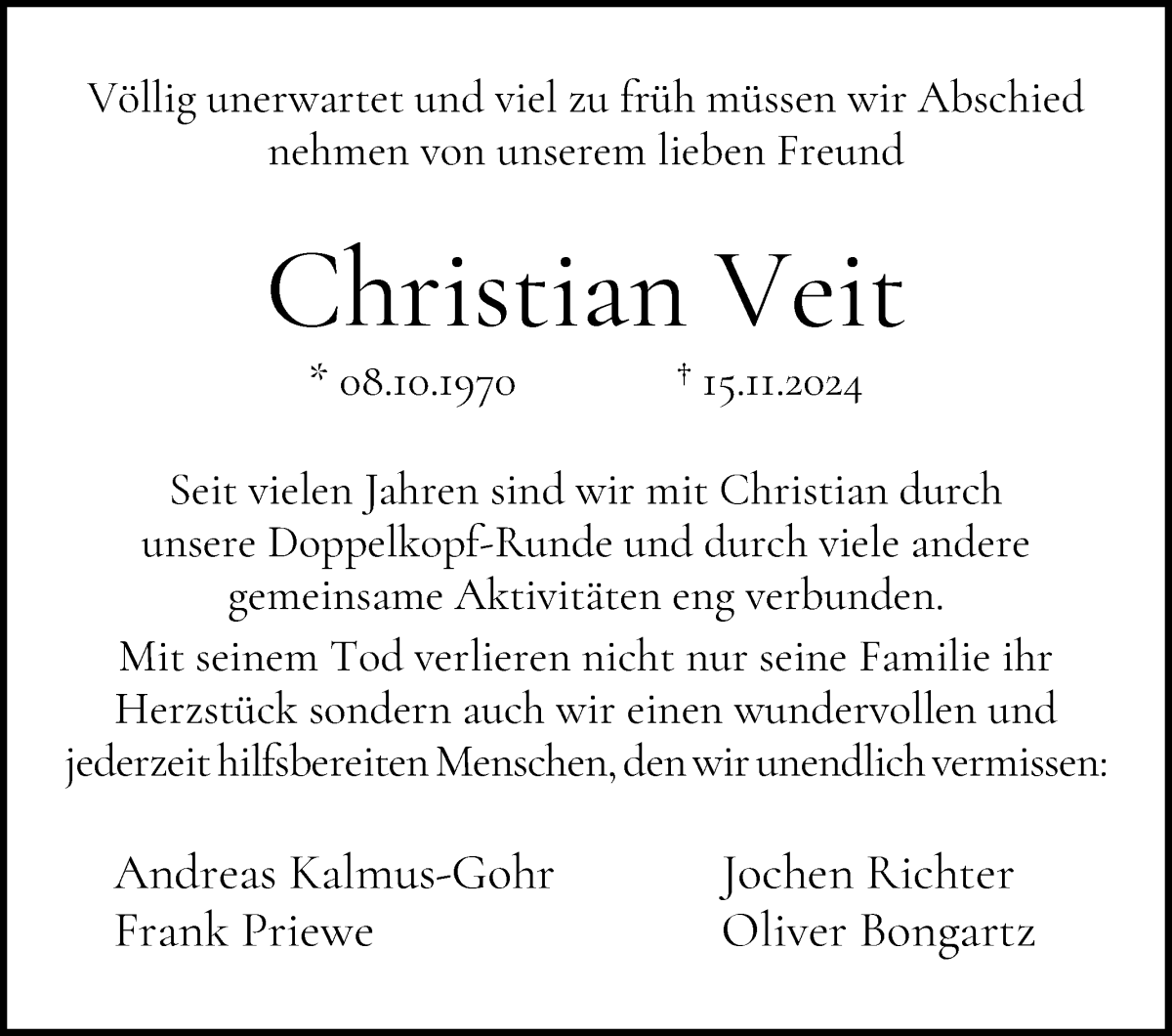 Traueranzeige von Christian Veit von WESER-KURIER