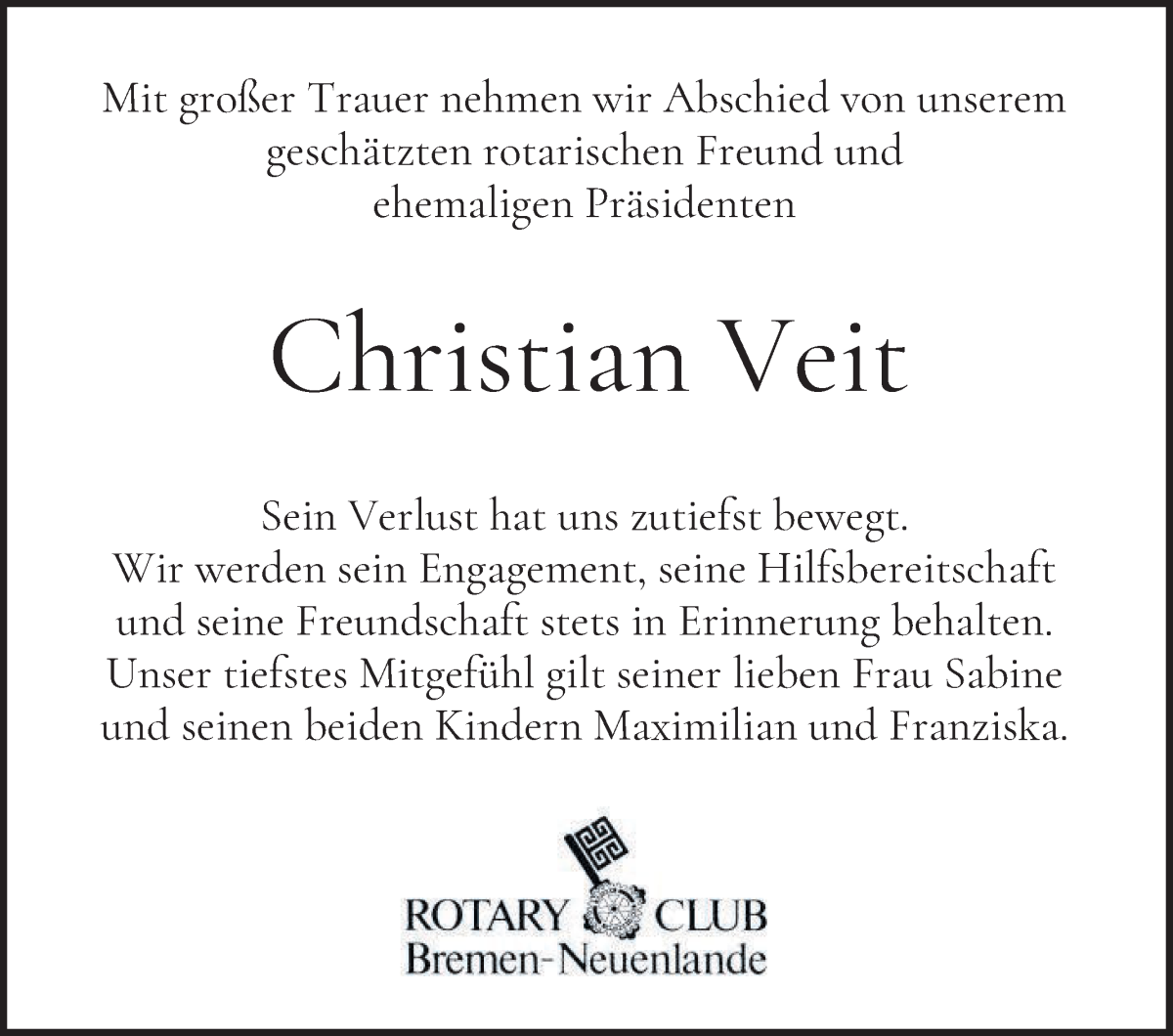 Traueranzeige von Christian Veit von WESER-KURIER