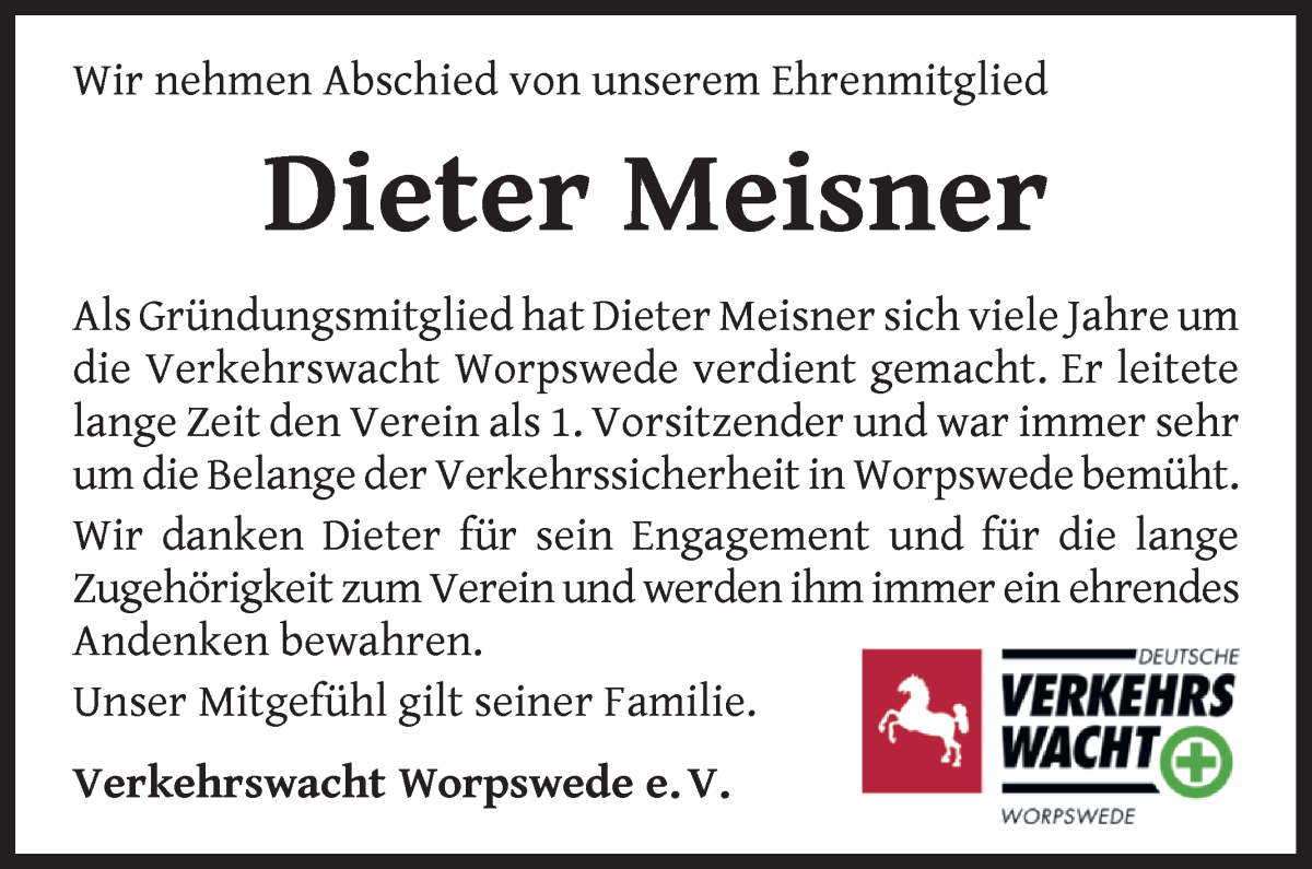 Traueranzeige von Dieter Meisner von Wuemme Zeitung
